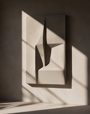 Relieve geométrico sobre un muro claro, con luz rasante y sombras largas